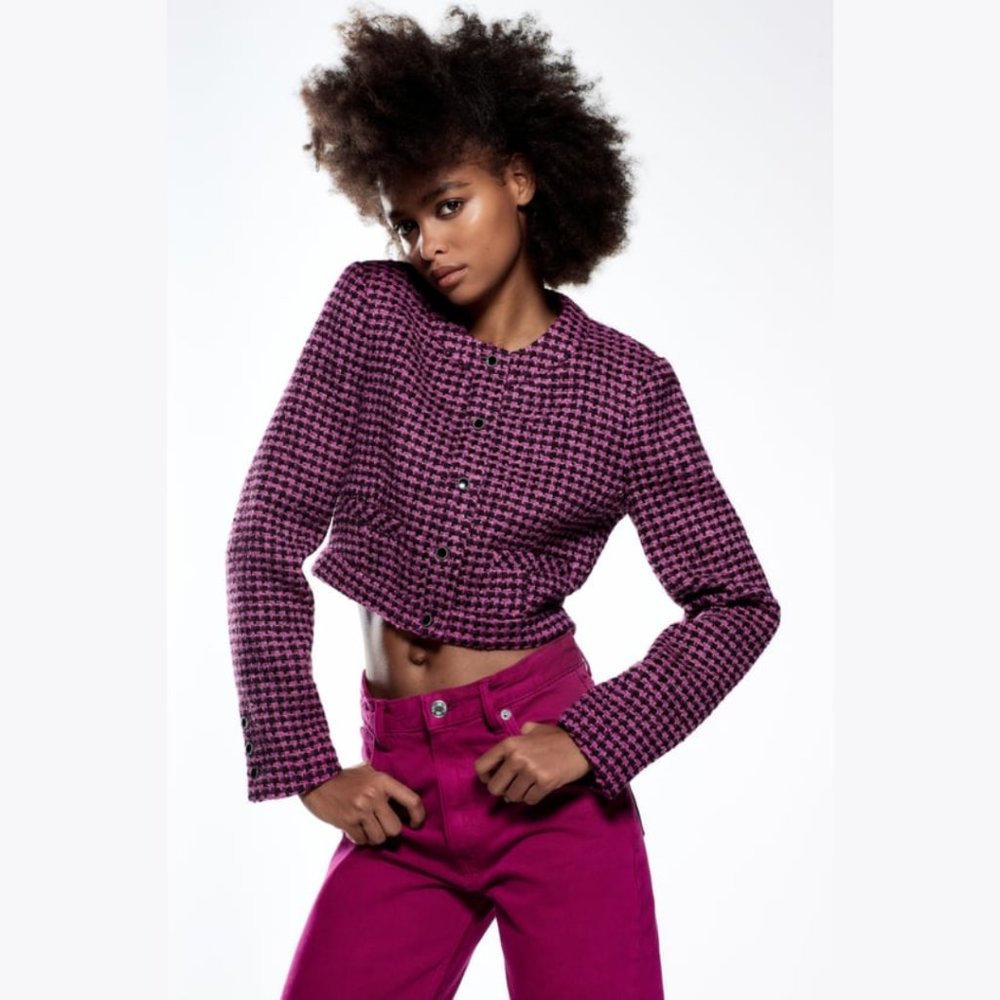 ZARA Dark Pink Textured Cropped Jacket - Medium